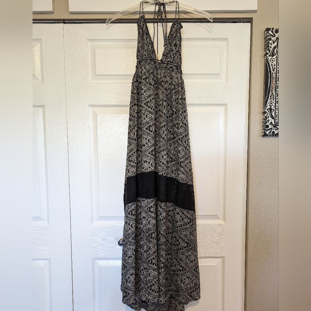 Halter Maxi Dress Ooh La Loft Boutique Long Backless Tie On Medium Black & White